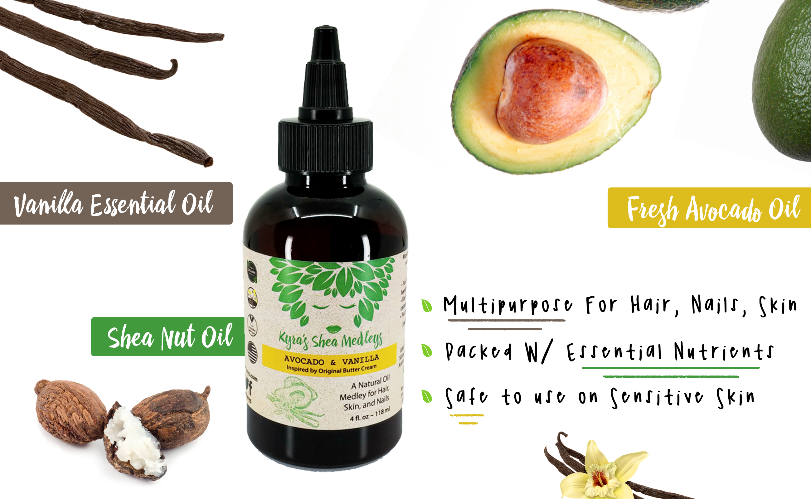 Kyra's Shea Medleys Avocado and Vanilla Oil 2oz